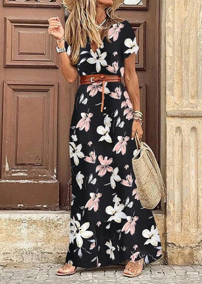 Luna | Summer V-neck Short Sleeve Boho Maxi Dress