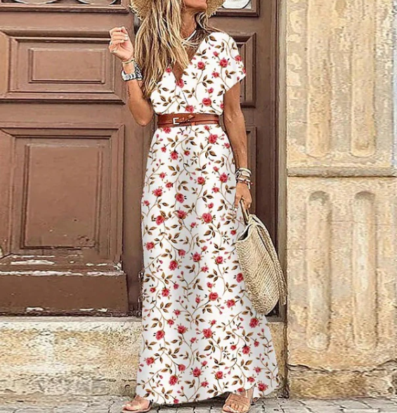 Luna | Summer V-neck Short Sleeve Boho Maxi Dress