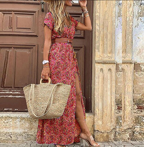 Luna | Summer V-neck Short Sleeve Boho Maxi Dress