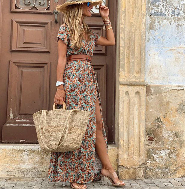 Luna | Summer V-neck Short Sleeve Boho Maxi Dress